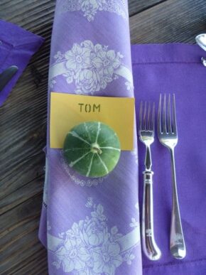 Squash placecard and purple napkin