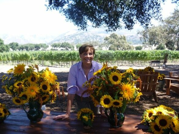 Frances and sunflowers in vineyard