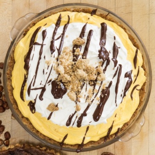 Pumpkin Hazelnut Pie with Hazelnut Cookie Crust and Chocolate Drizzle, from California Cooking and Southern Style, a most excellent cookbook ;)