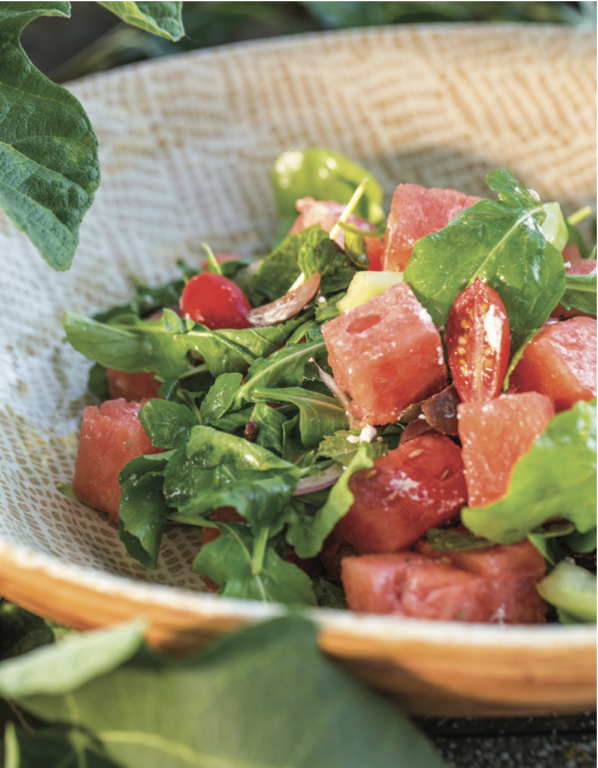 Watermelon Tomato Feta Saladp with Arugula and Herbs, from California Cooking and Southern Style by Frances Schultz, Recipe Stephanie Valentine