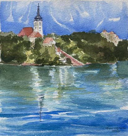 Church of the Assumption of Mary, Bled Island, in Slovenia. Watercolor by Frances Schultz