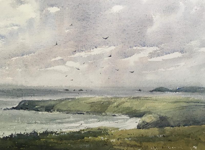 A watercolor of the coast of Cornwall by Andrews Hucklesby.