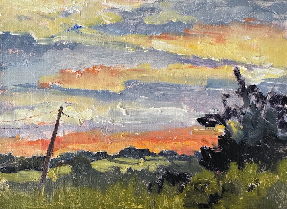 Oil painting of cotswolds sunset by Frances Schultz "On the Way Home from Debra's" study, 5x7 oil on linen panel.
